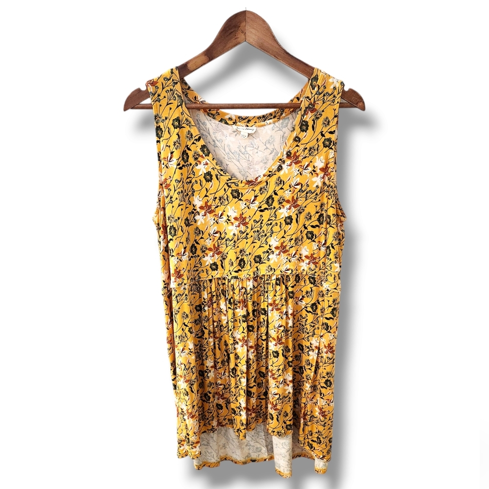 Jane & Delancey Mustard Floral Print Sleeveless Pleated Tunic Top | Large